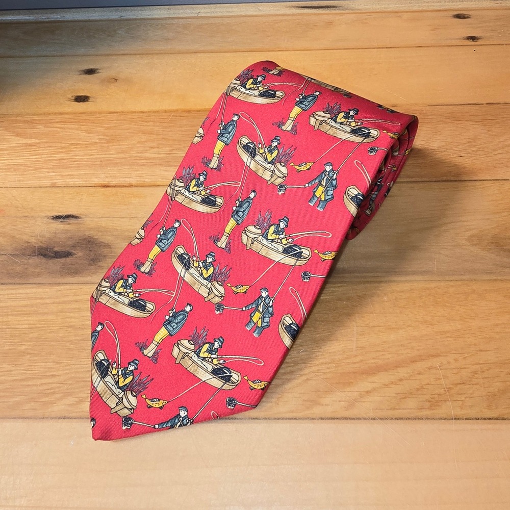 Burberrys Red Silk Fisherman Print Necktie Vintage Sporting Fishing Tie